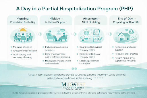 A typical day in a partial hospitalization program showing morning therapy, individual counseling, skill building sessions, and evening transition home.