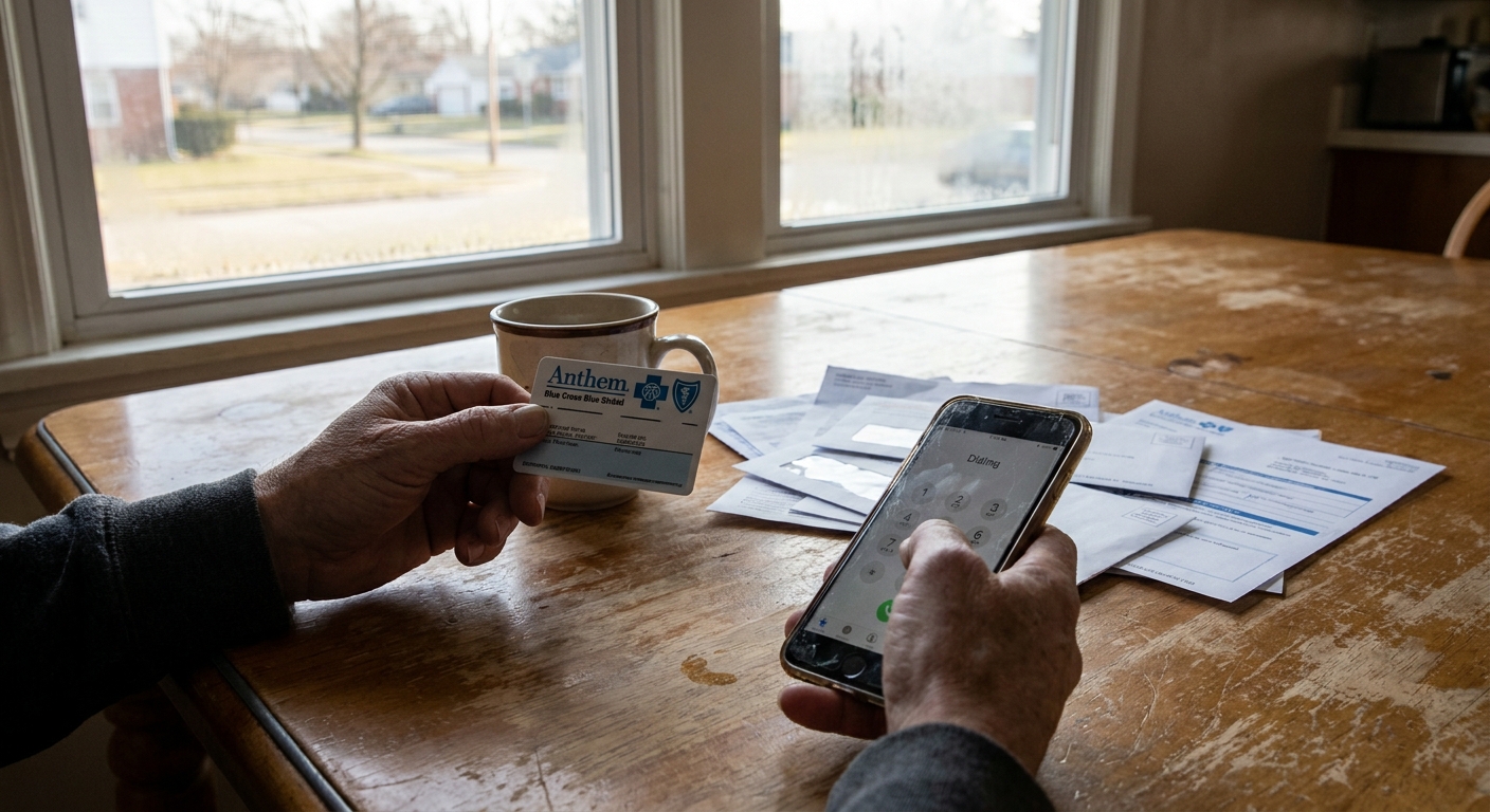 Person holding Anthem Blue Cross Blue Shield insurance card and smartphone on kitchen table, preparing to verify detox coverage benefits