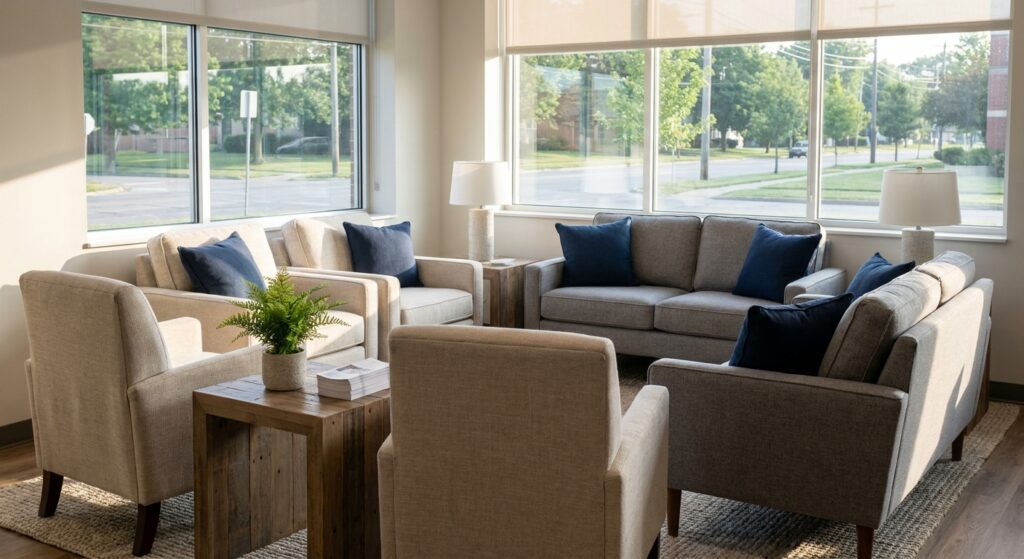 Calm waiting room with natural light and comfortable seating at Midwest Recovery Center in Toledo, Ohio
